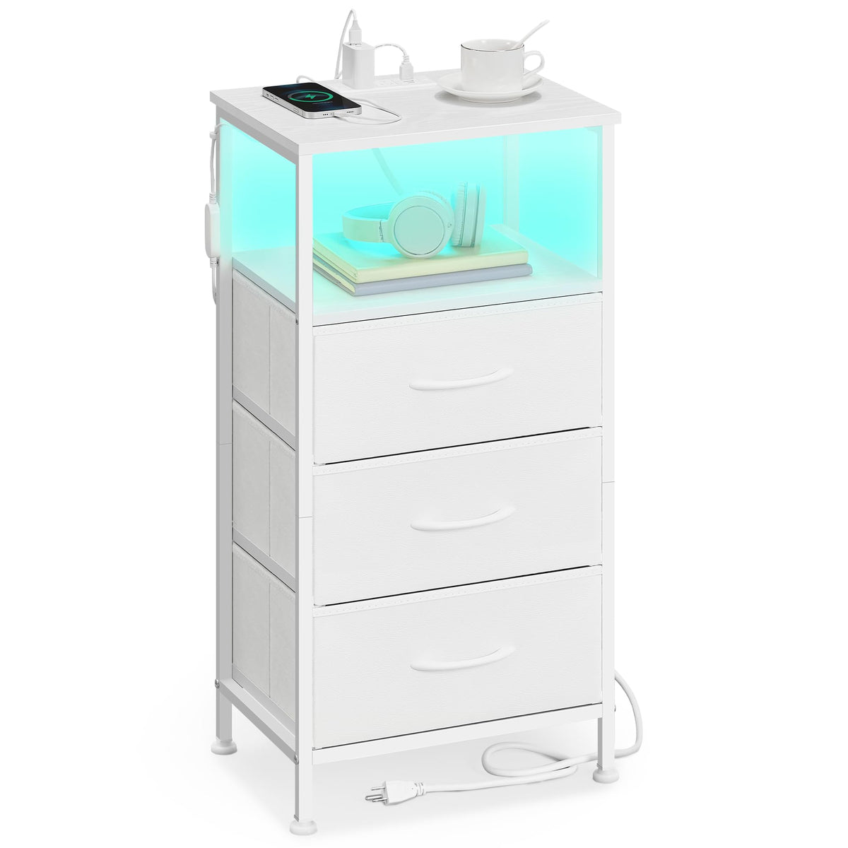 FormaHaven Smart LED Nightstand with Charging Station – 2 Drawers & Open Shelves
