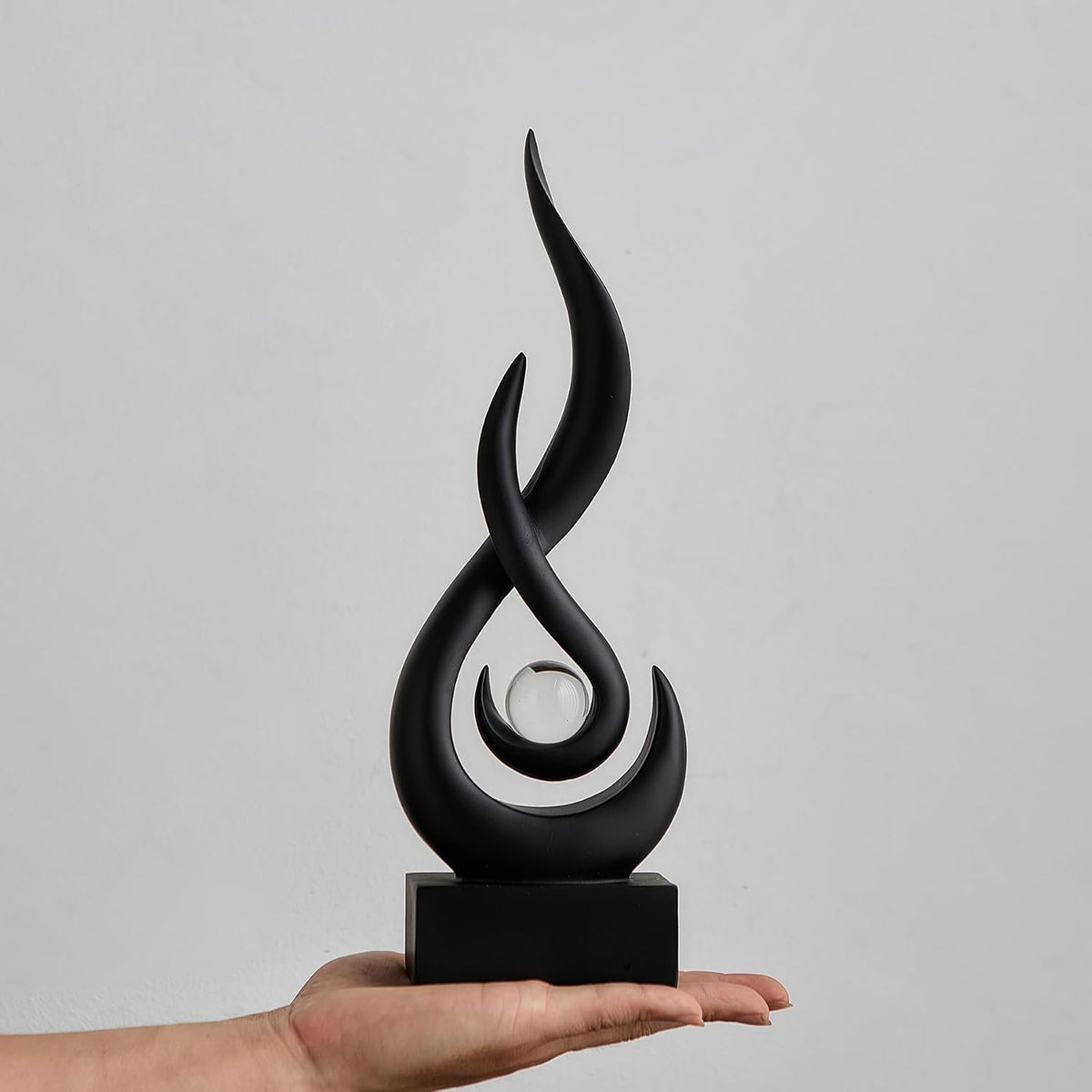 FormaHaven Modern Flame Sculpture with Glass Orb – White & Wood Grain Decor