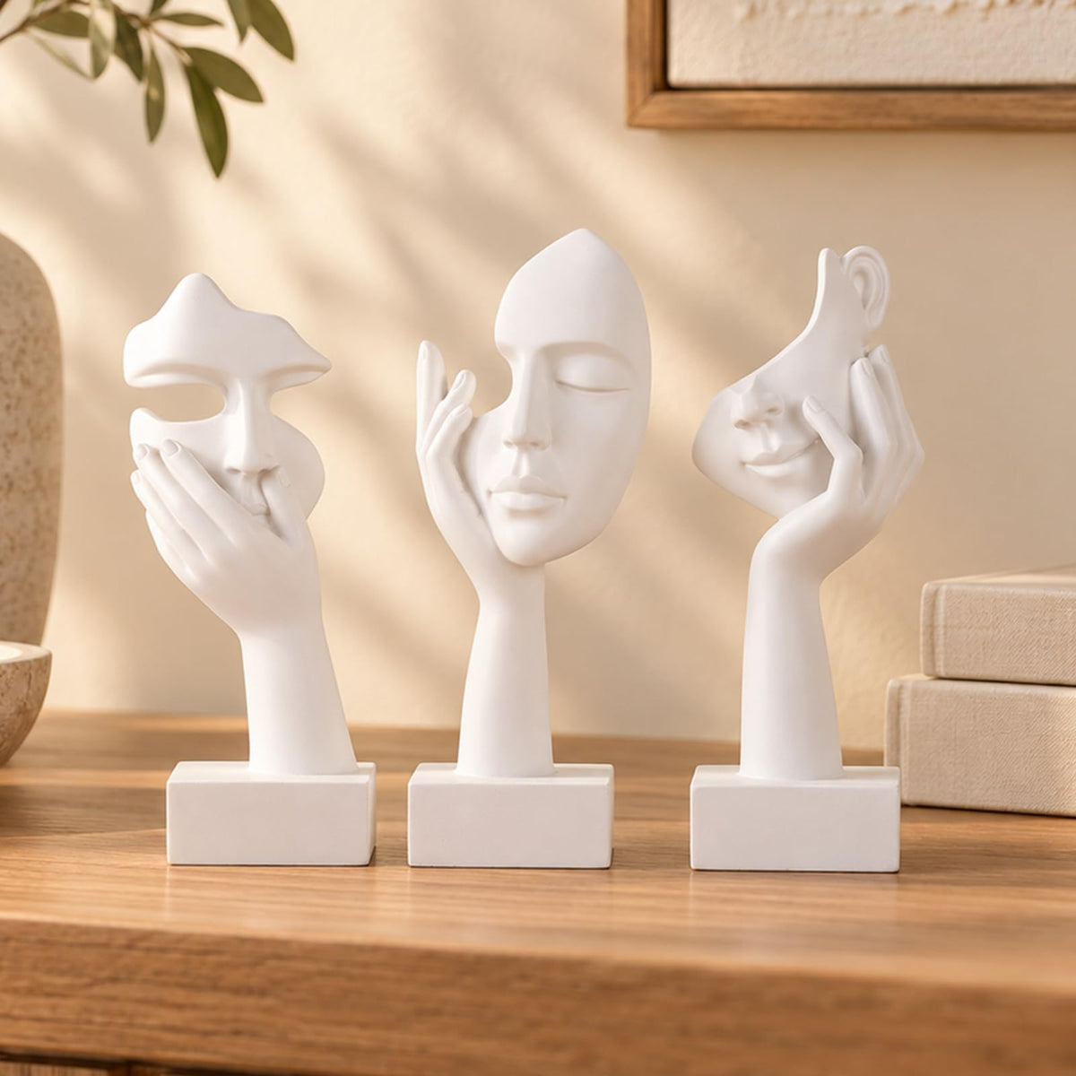 FormaHaven Black & Gold Abstract Female Face Sculptures – Set of 3