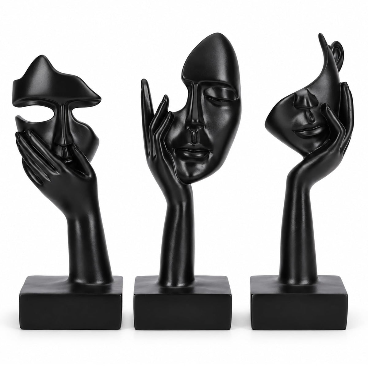 FormaHaven Black & Gold Abstract Female Face Sculptures – Set of 3