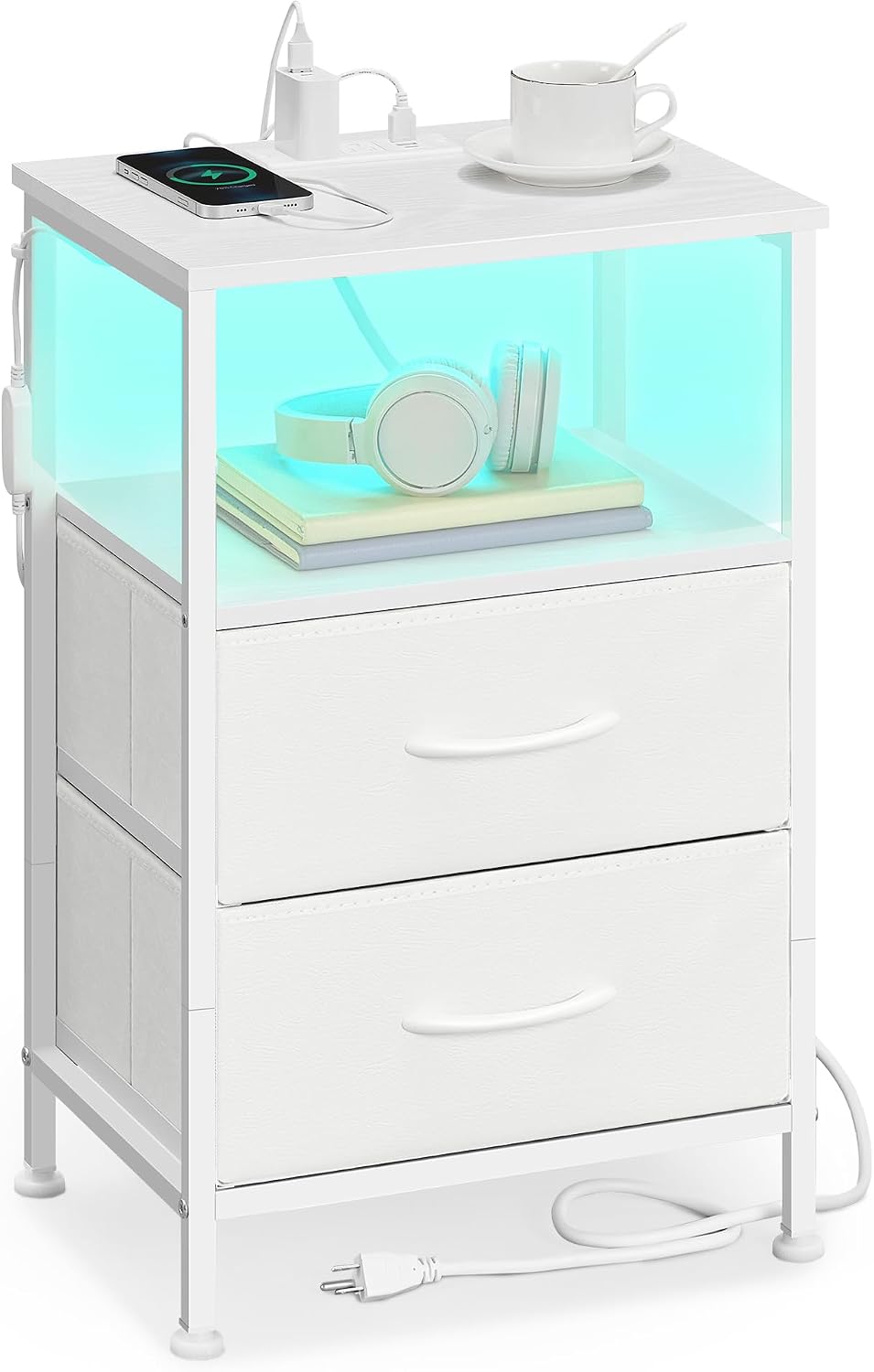 FormaHaven Smart LED Nightstand with Charging Station – 2 Drawers & Open Shelves