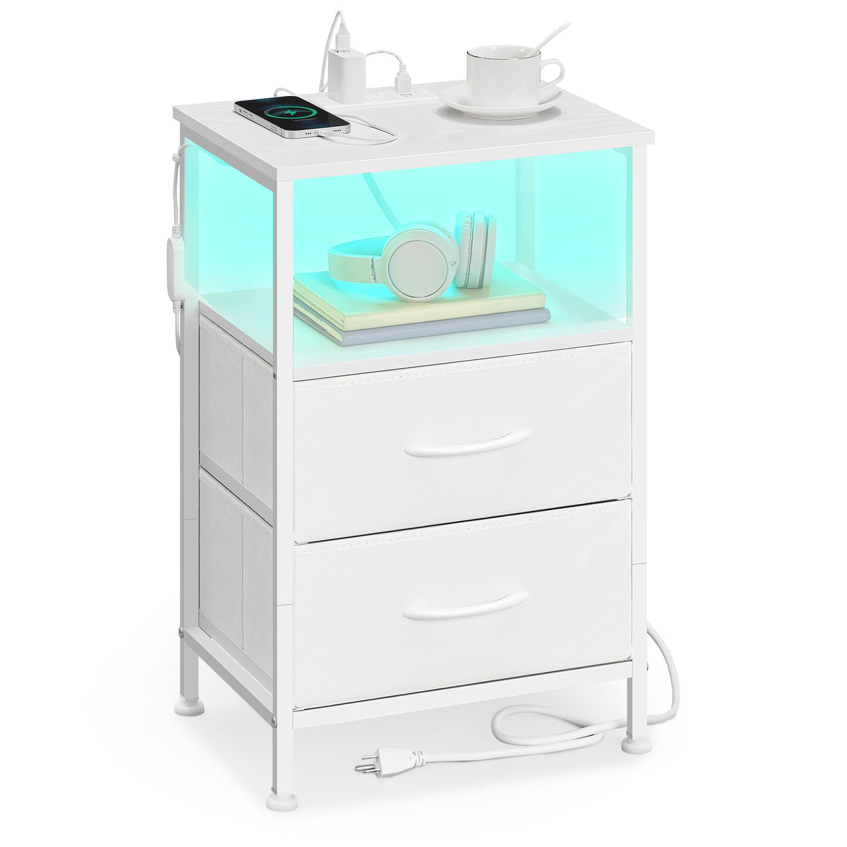 FormaHaven Smart LED Nightstand with Charging Station – 2 Drawers & Open Shelves