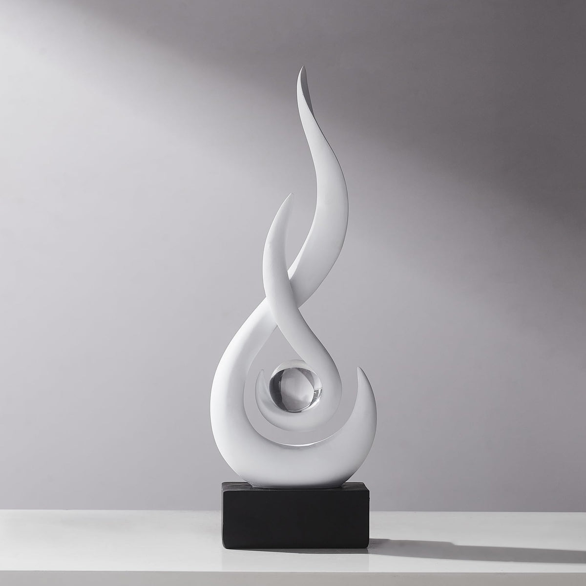 FormaHaven Modern Flame Sculpture with Glass Orb – White & Wood Grain Decor