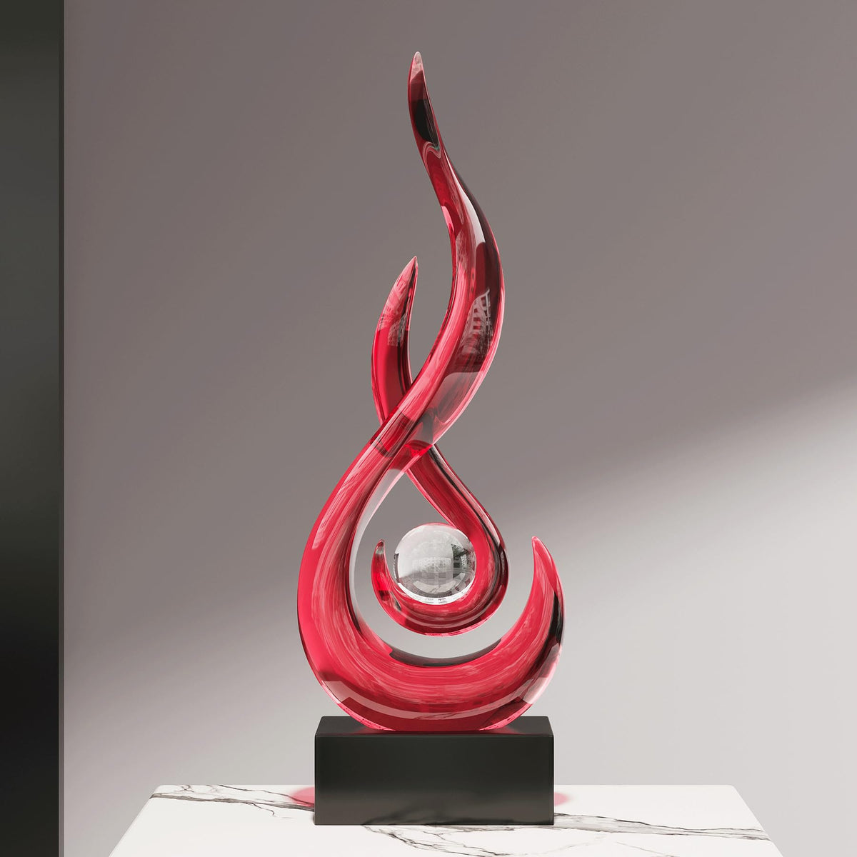 FormaHaven Modern Flame Sculpture with Glass Orb – White & Wood Grain Decor