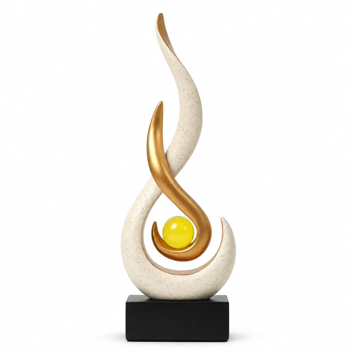 FormaHaven Modern Flame Sculpture with Glass Orb – White & Wood Grain Decor
