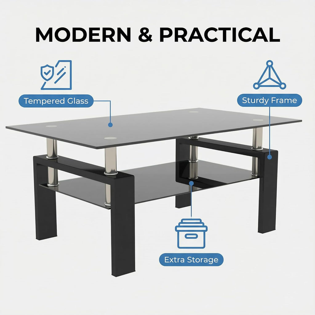 FormaHaven Modern 2-Tier Glass Coffee Table with Black Metal Legs