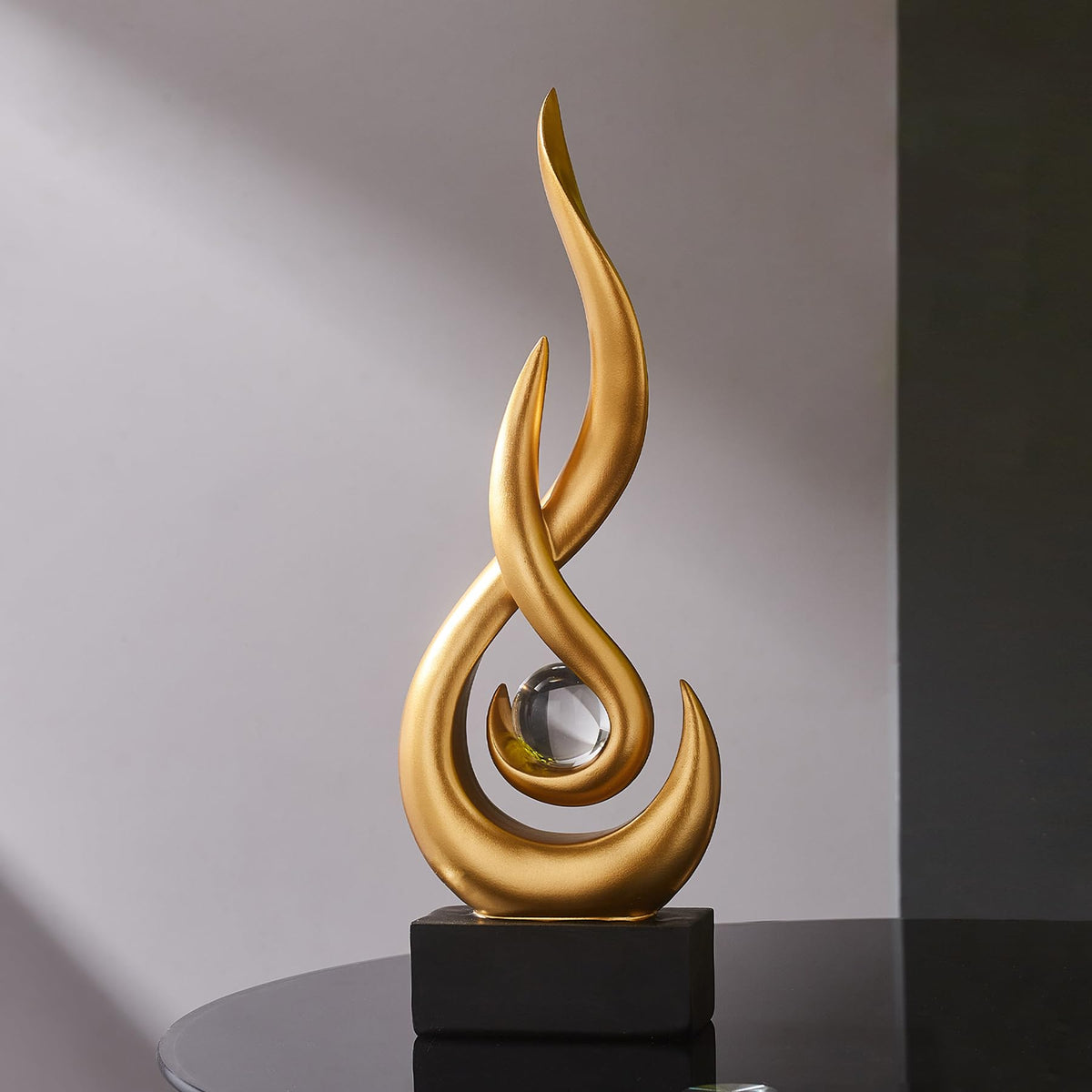 FormaHaven Modern Flame Sculpture with Glass Orb – White & Wood Grain Decor