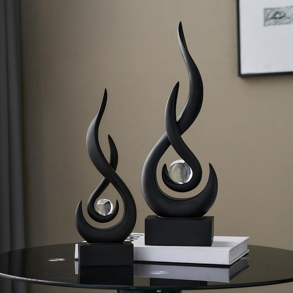 FormaHaven Modern Flame Sculpture with Glass Orb – White & Wood Grain Decor
