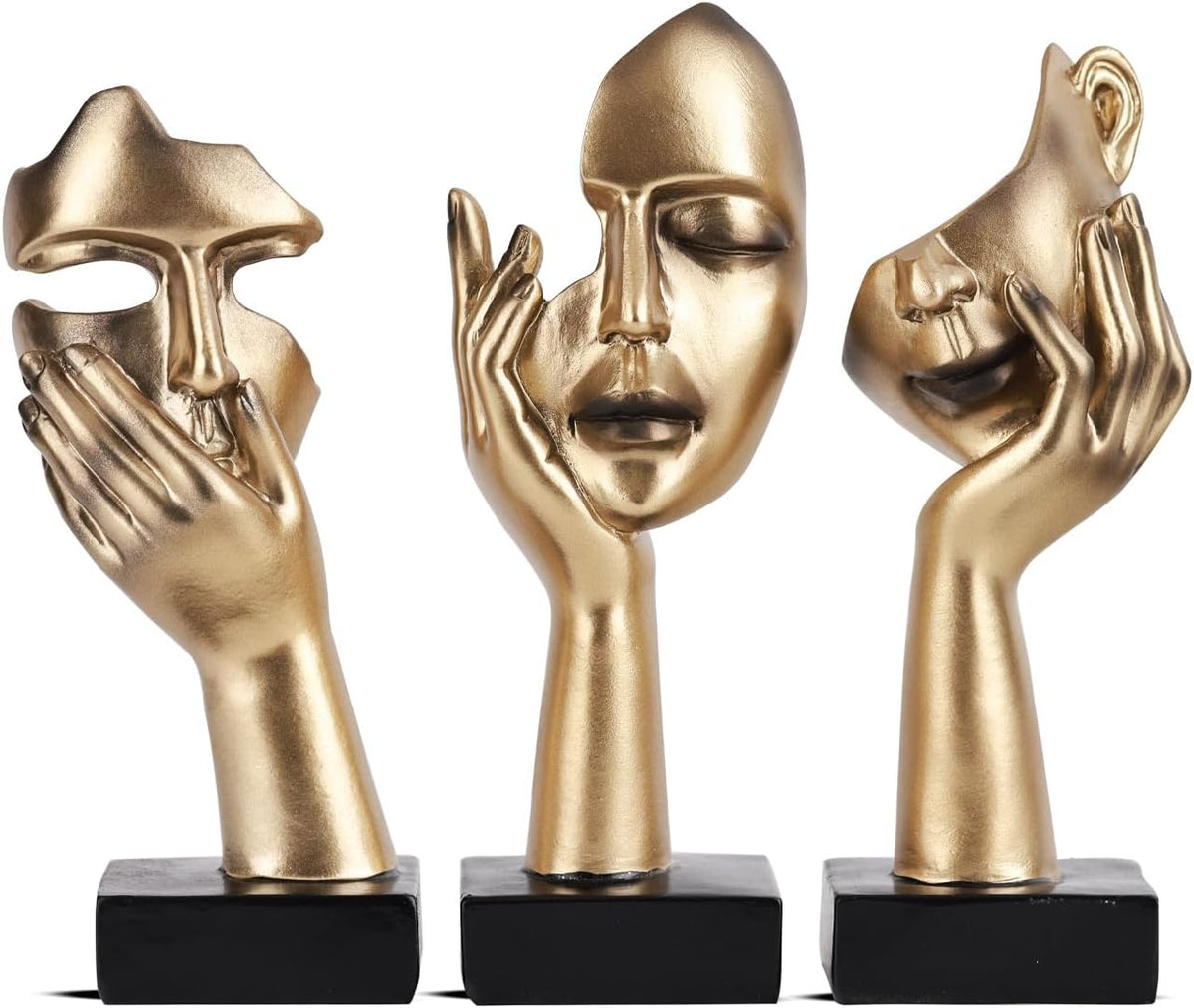 FormaHaven Black & Gold Abstract Female Face Sculptures – Set of 3