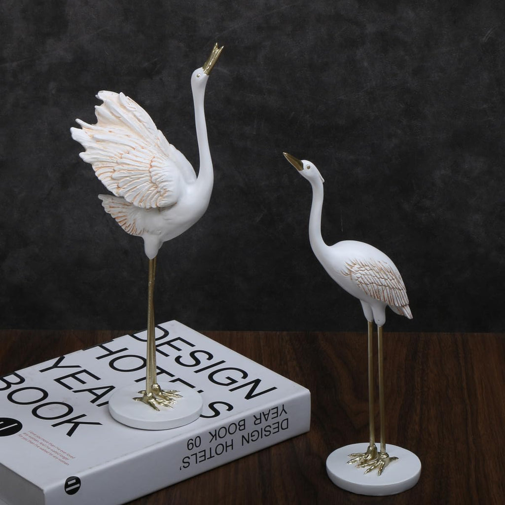 FormaHaven White and Gold Crane Figurine – Elegant Oriental Home Decor