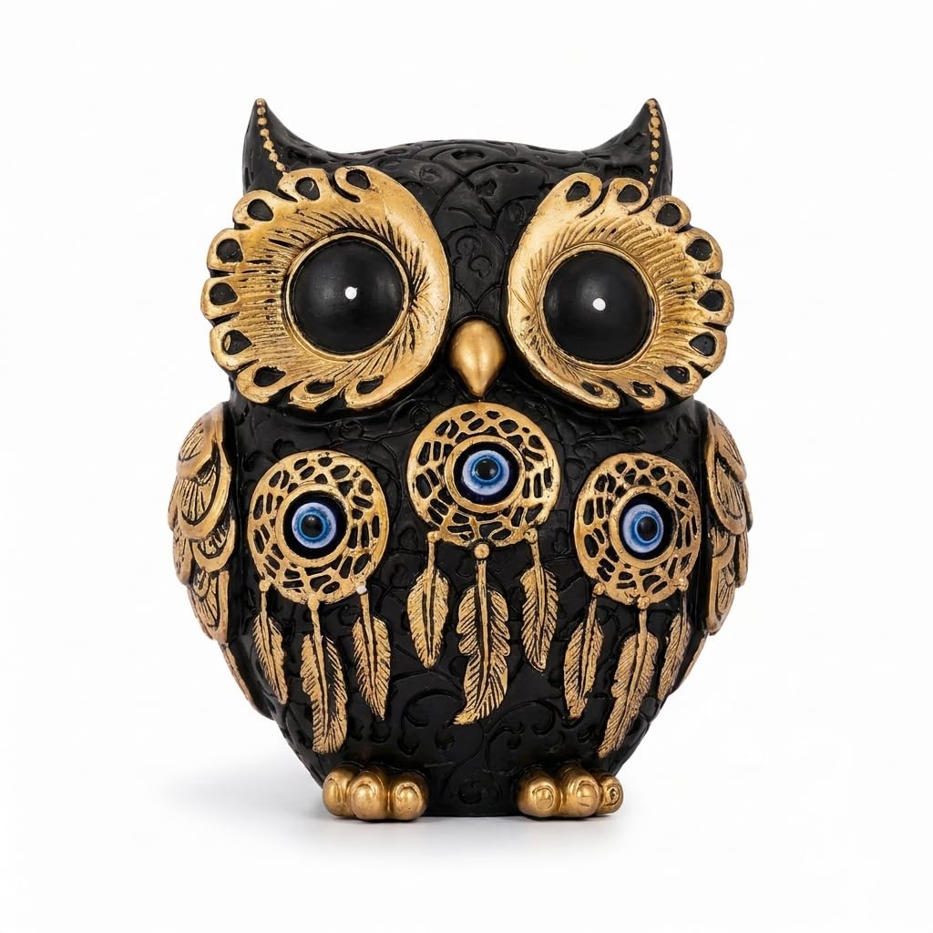 FormaHaven Vintage Gold Owl Figurine – Blue Evil Eye Decorative Statue