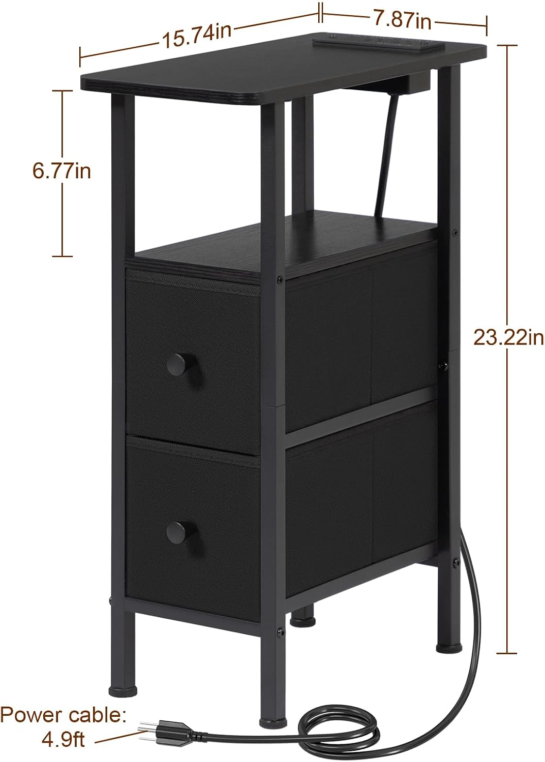 FormaHaven Narrow End Table with Charging Station – 2 Drawers & Open Shelves