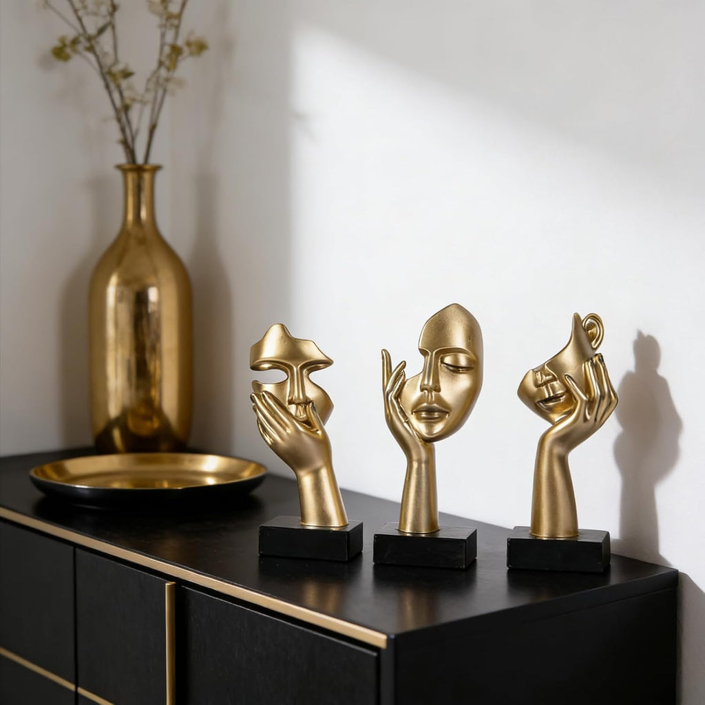 FormaHaven Black & Gold Abstract Female Face Sculptures – Set of 3