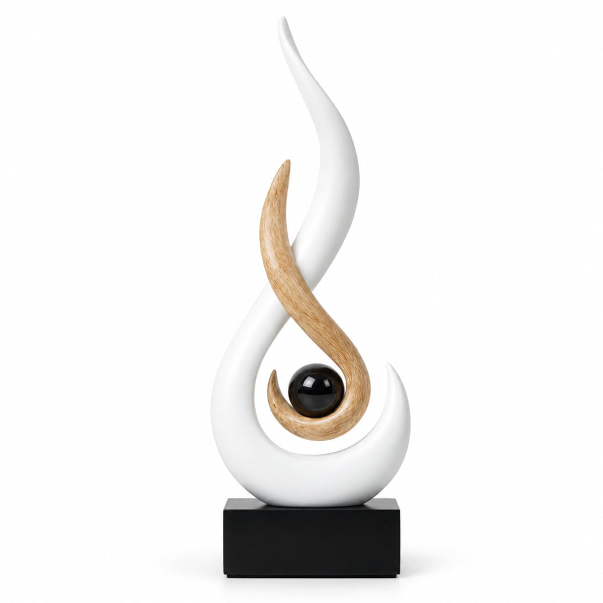 FormaHaven Modern Flame Sculpture with Glass Orb – White & Wood Grain Decor