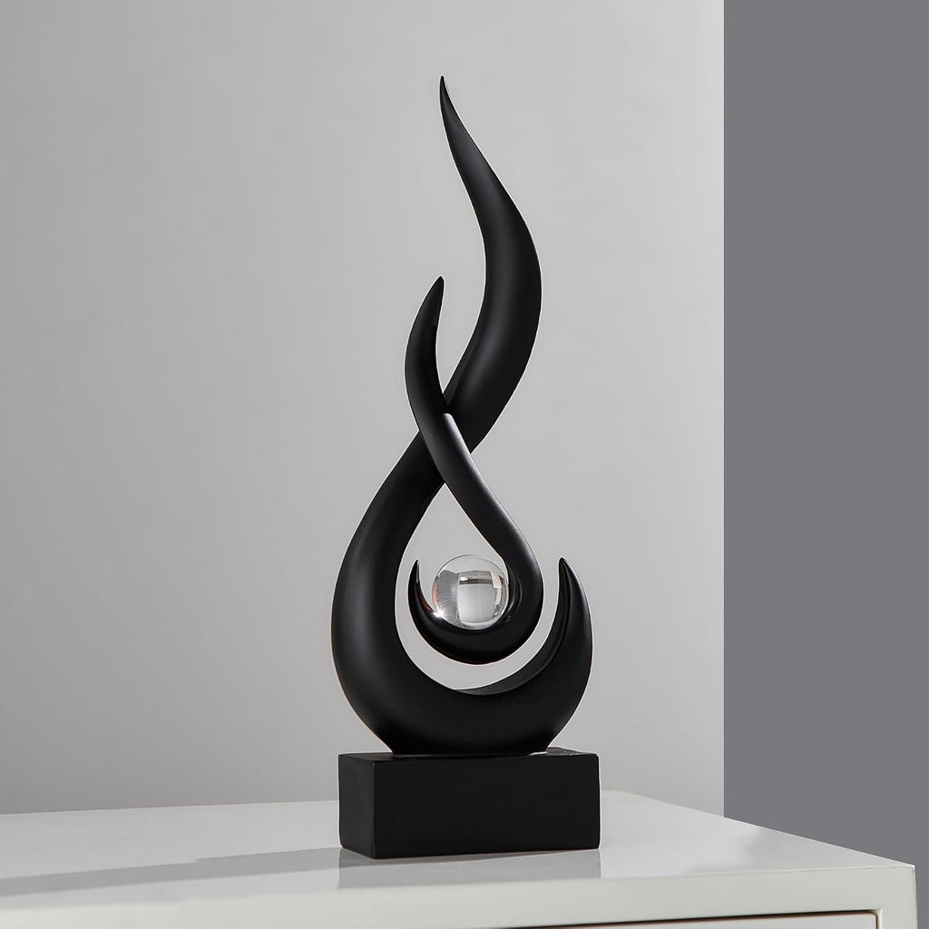 FormaHaven Modern Flame Sculpture with Glass Orb – White & Wood Grain Decor