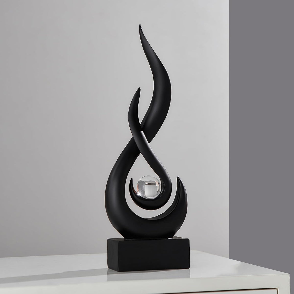 FormaHaven Modern Flame Sculpture with Glass Orb – White & Wood Grain Decor