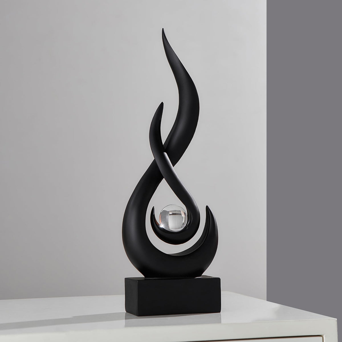 FormaHaven Modern Flame Sculpture with Glass Orb – White & Wood Grain Decor