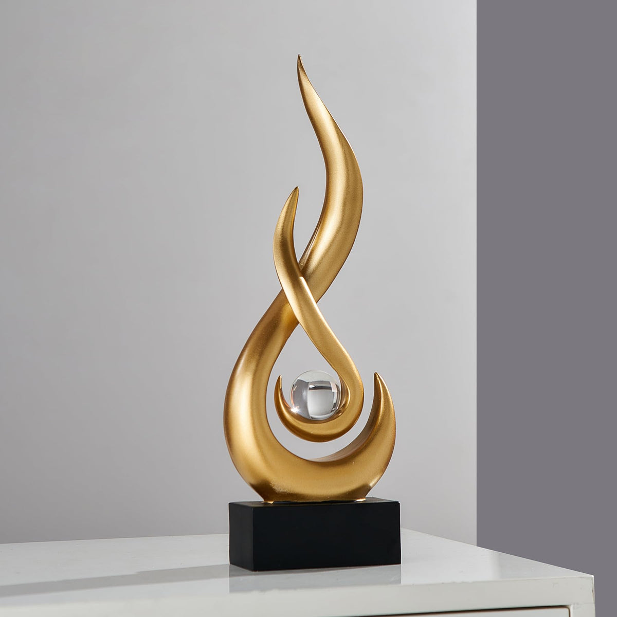 FormaHaven Modern Flame Sculpture with Glass Orb – White & Wood Grain Decor
