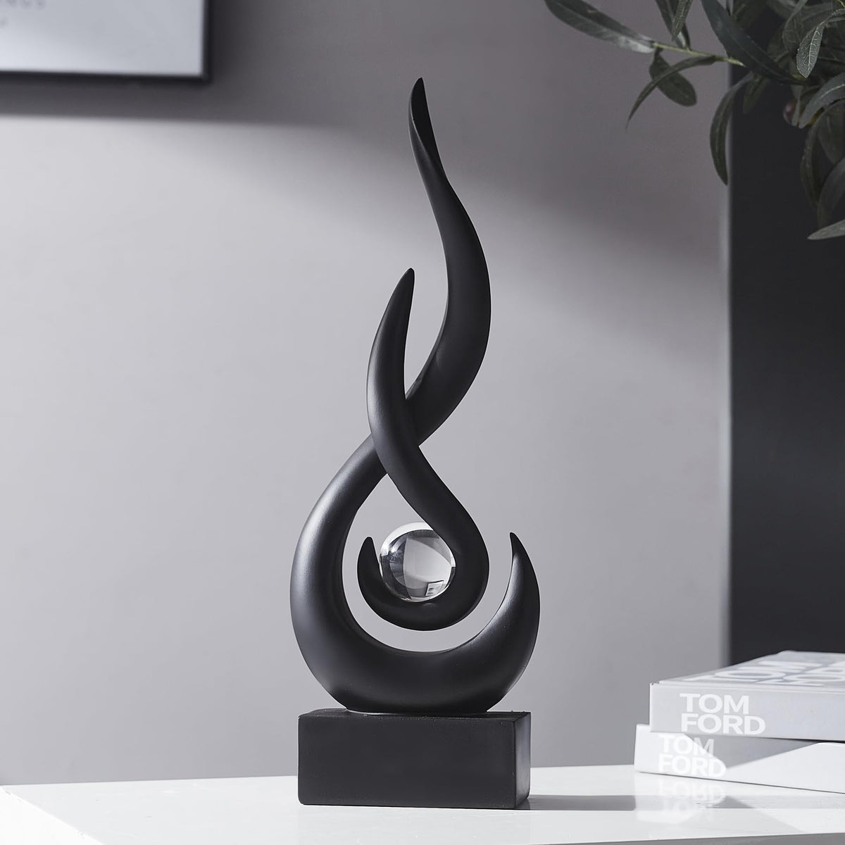 FormaHaven Modern Flame Sculpture with Glass Orb – White & Wood Grain Decor