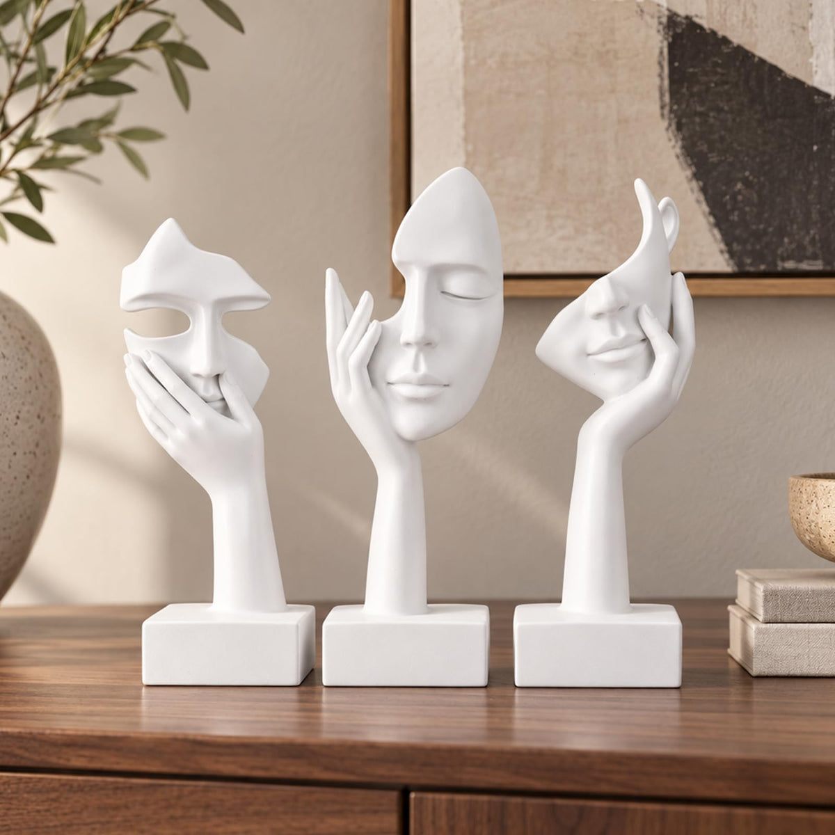 FormaHaven Black & Gold Abstract Female Face Sculptures – Set of 3
