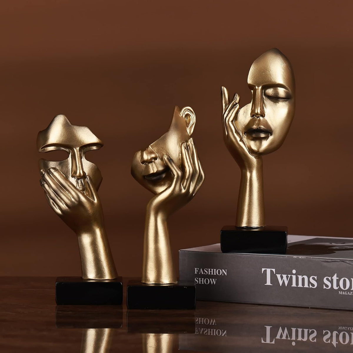 FormaHaven Black & Gold Abstract Female Face Sculptures – Set of 3