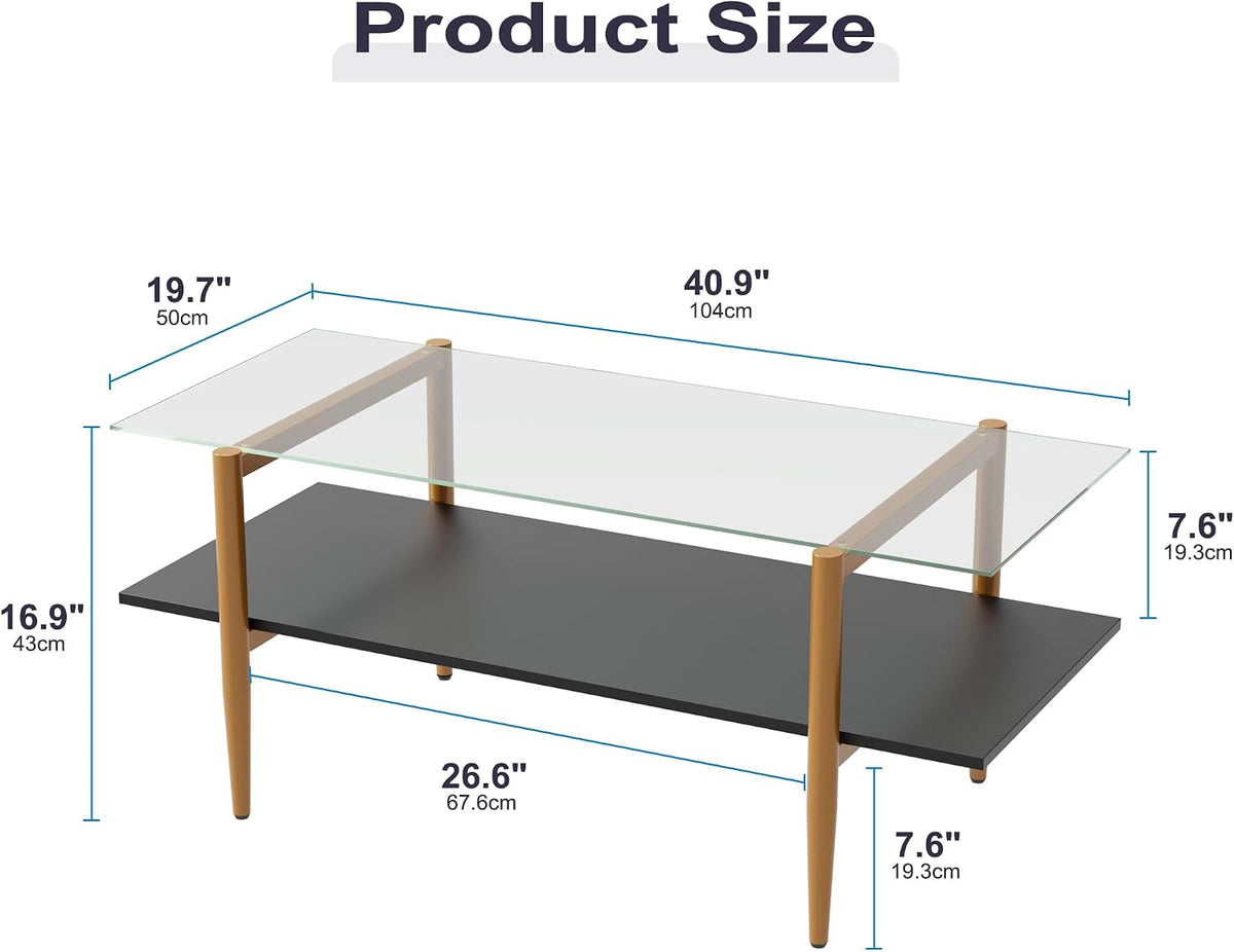 FormaHaven Modern 2-Tier Glass Coffee Table with Metal Frame