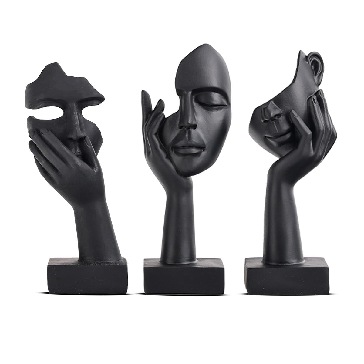 FormaHaven Black & Gold Abstract Female Face Sculptures – Set of 3