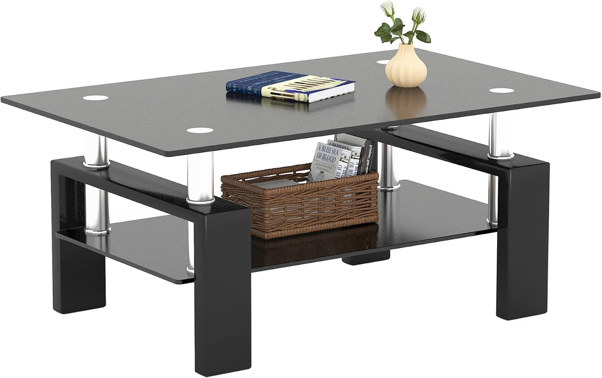 FormaHaven Modern 2-Tier Glass Coffee Table with Black Metal Legs