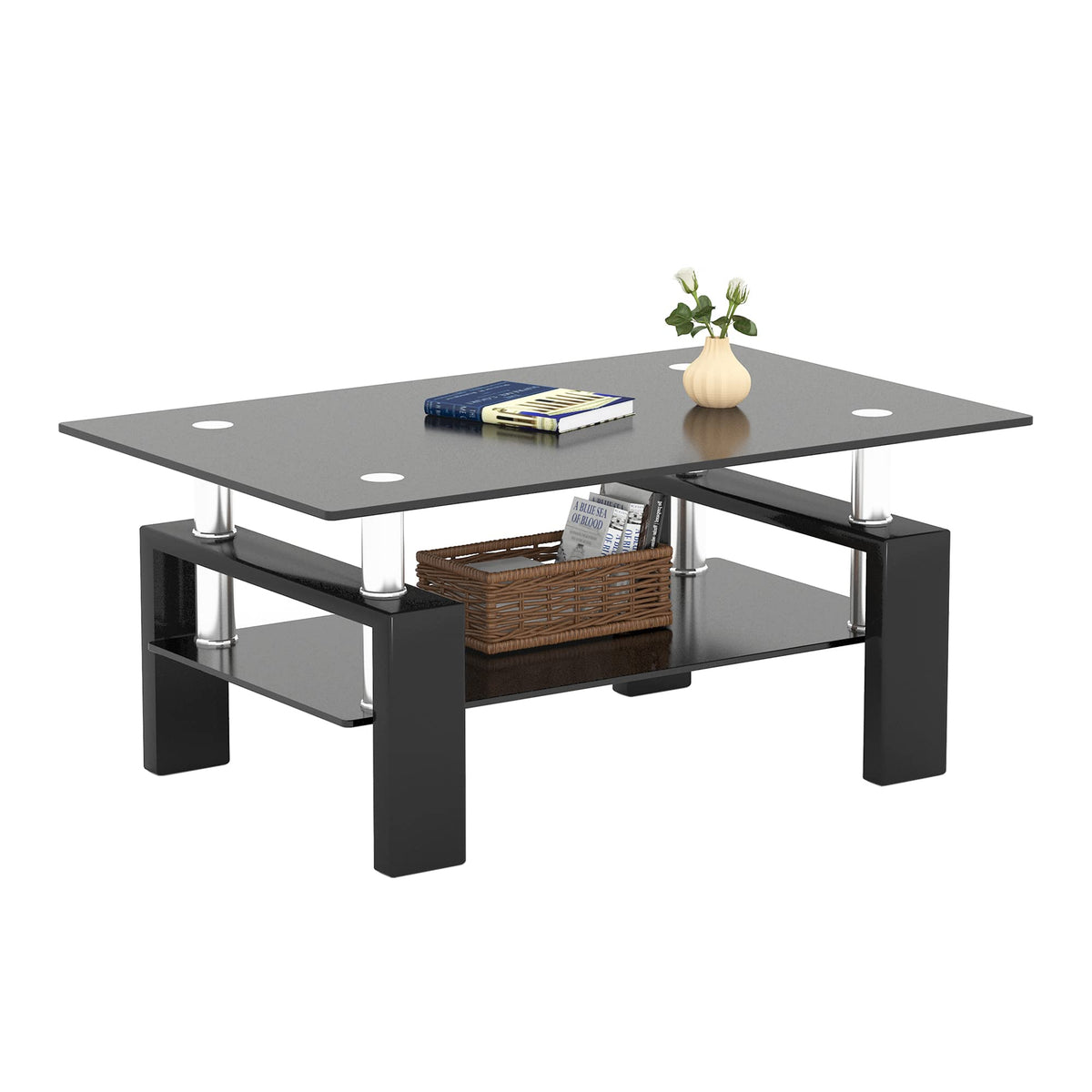 FormaHaven Modern 2-Tier Glass Coffee Table with Black Metal Legs