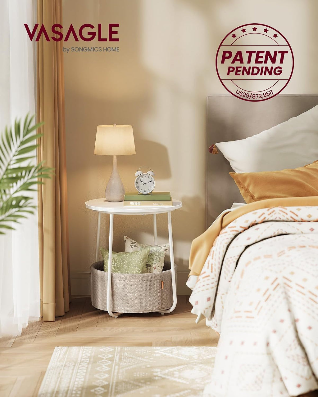 FormaHaven Round Side Table with Fabric Storage Basket – Modern Bedside End Table