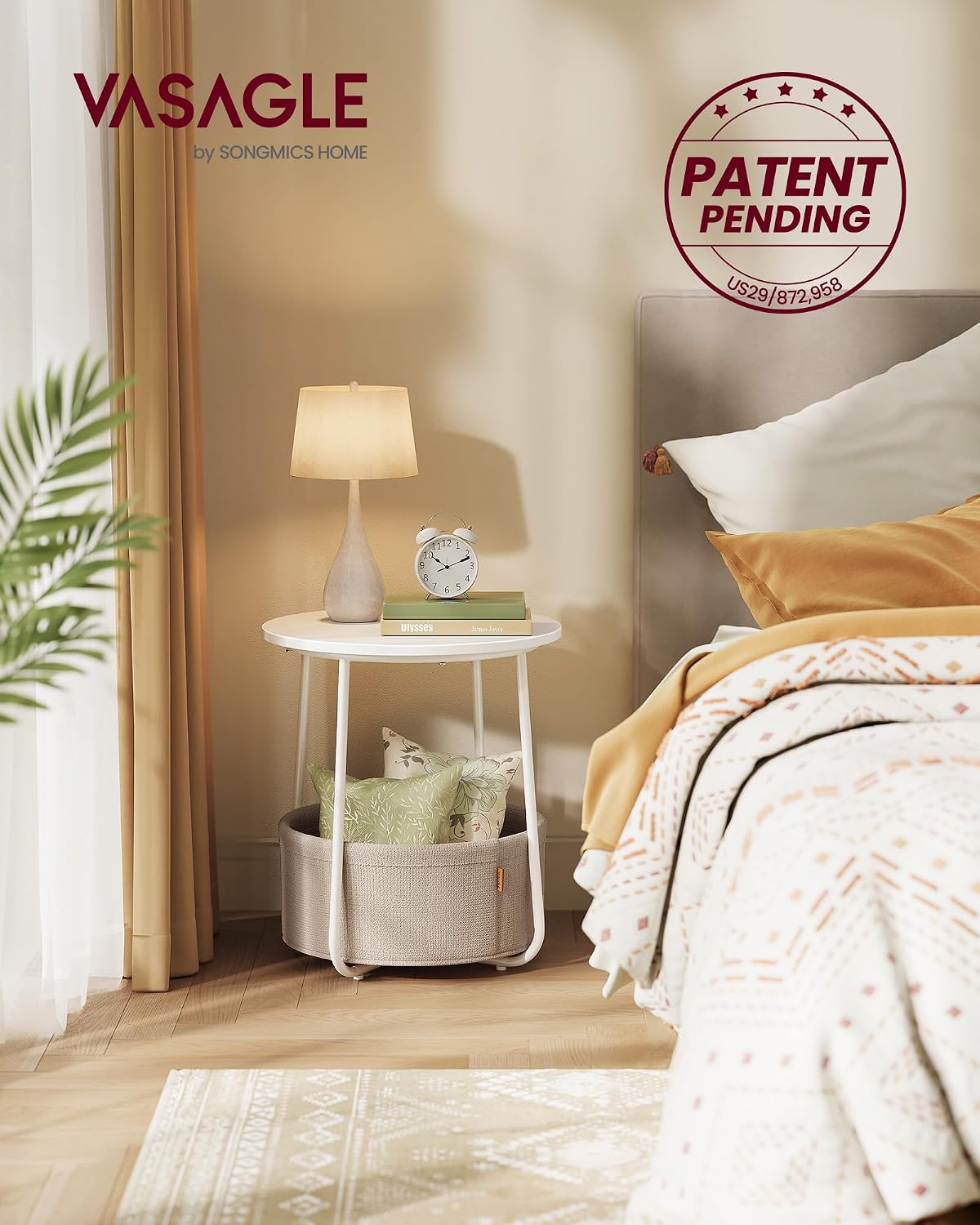 FormaHaven Round Side Table with Fabric Storage Basket – Modern Bedside End Table