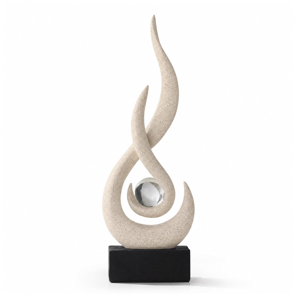 FormaHaven Modern Flame Sculpture with Glass Orb – White & Wood Grain Decor