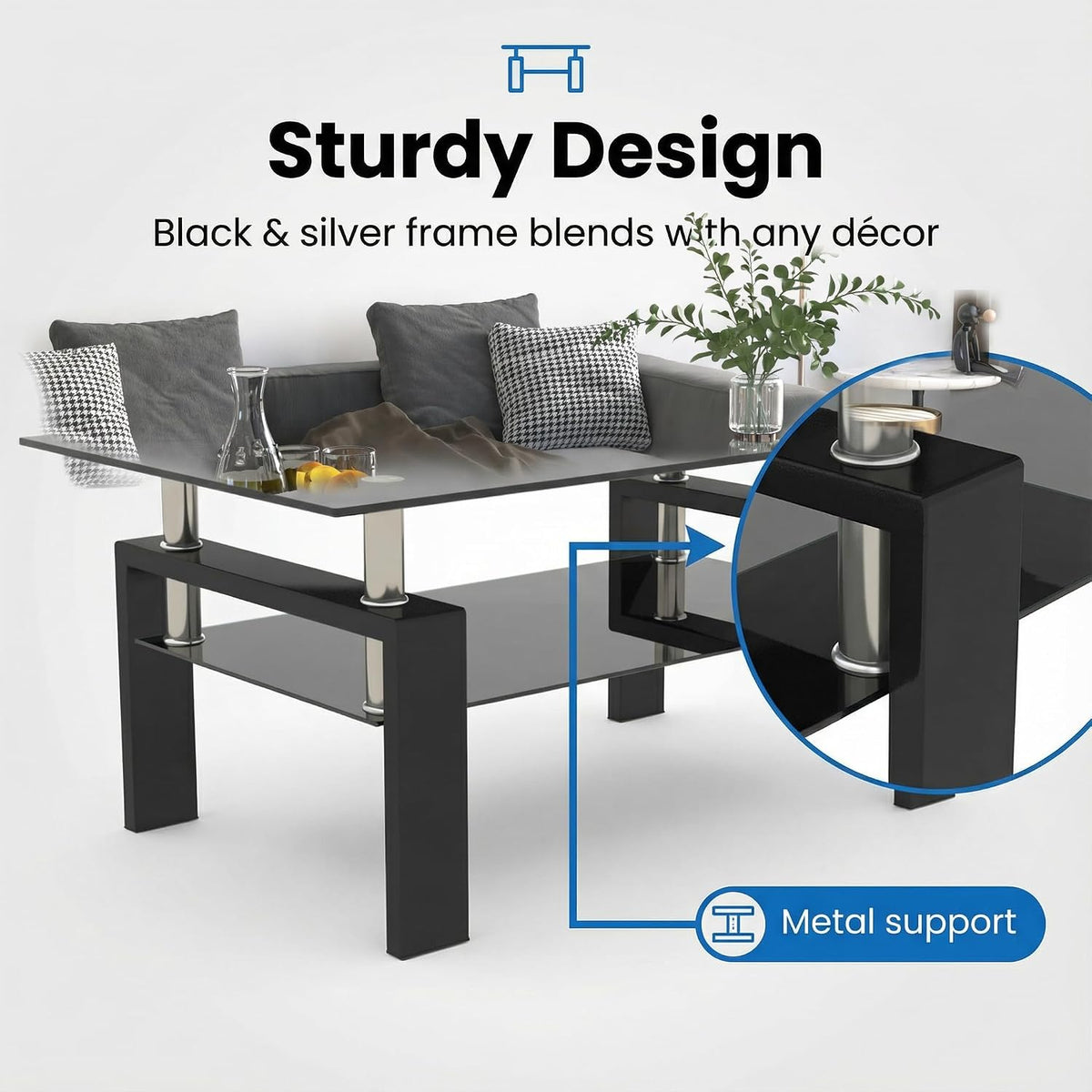 FormaHaven Modern 2-Tier Glass Coffee Table with Black Metal Legs