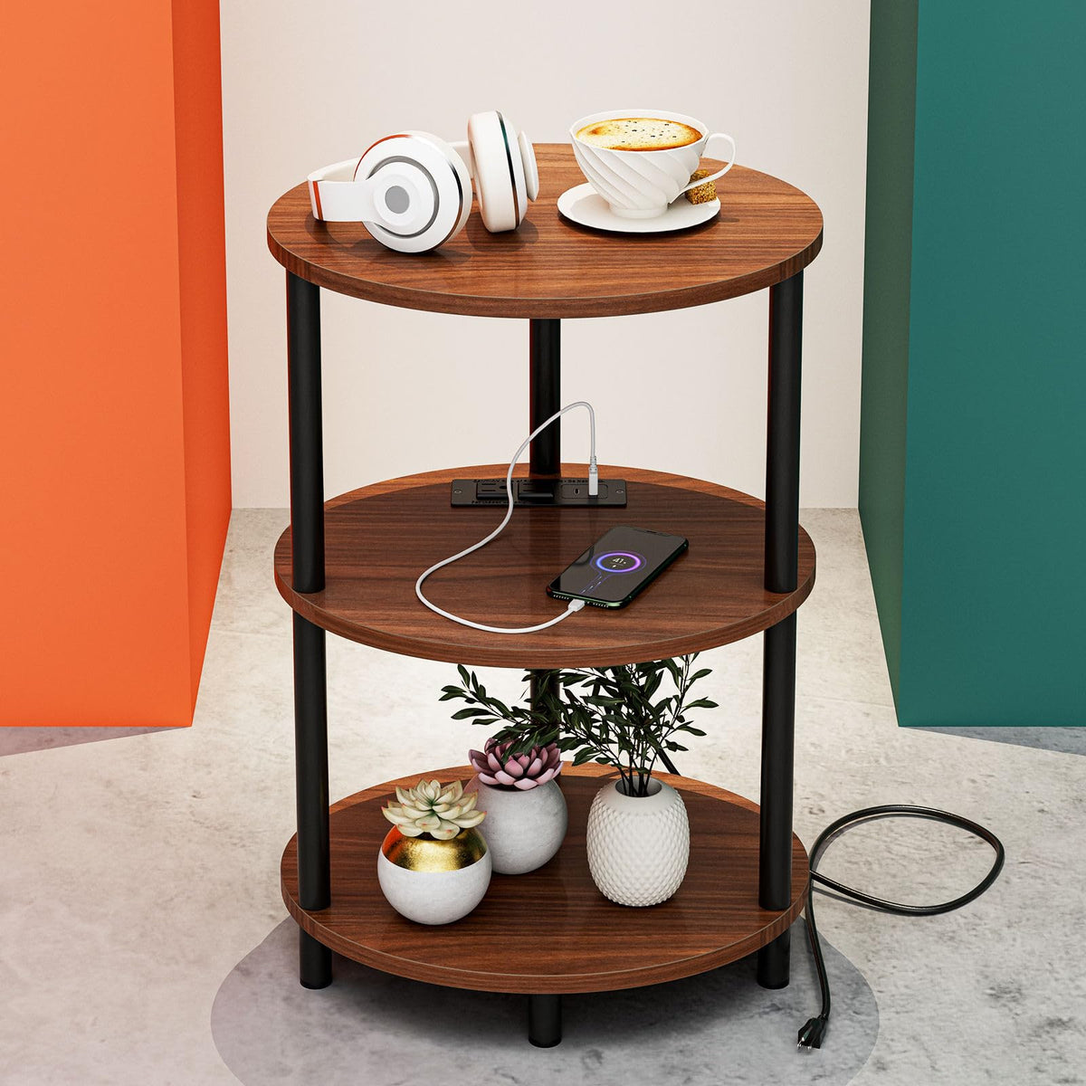 FormaHaven 3-Tier Rustic Wood Side Table with Black Metal Legs