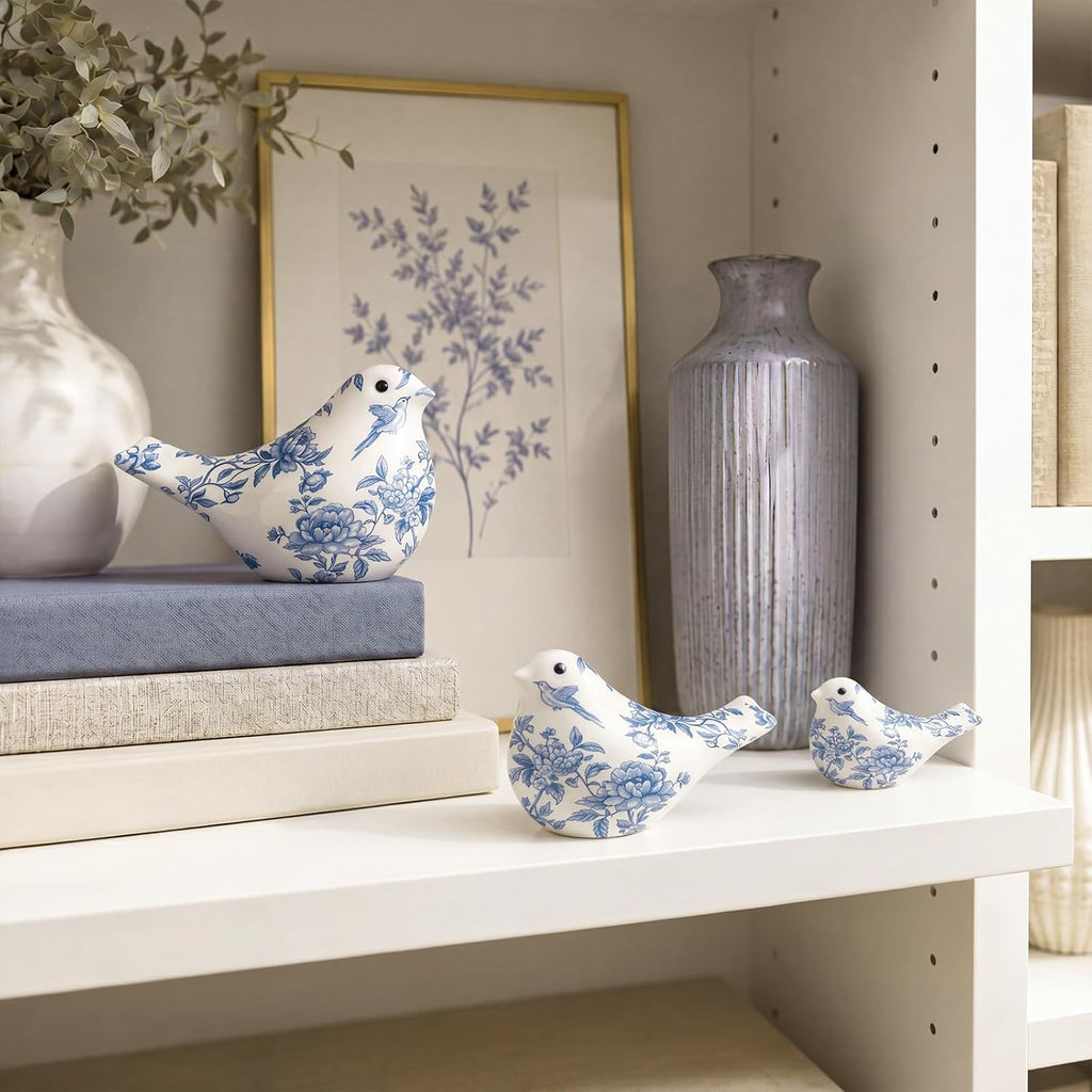 FormaHaven Blue and White Ceramic Bird Figurines Set of 3 – Chinoiserie Decor