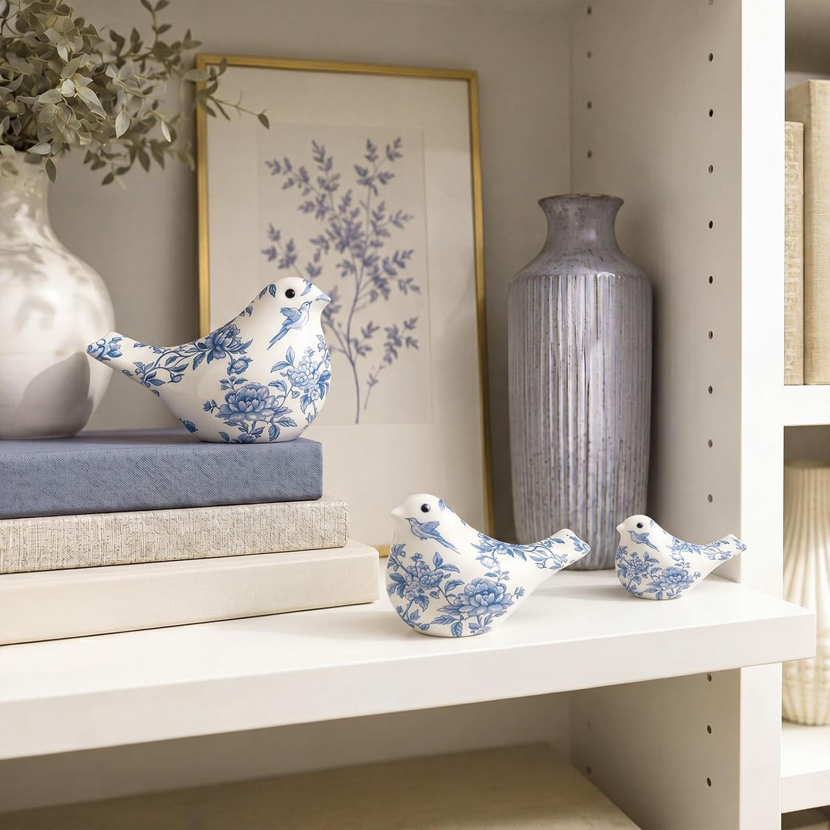 FormaHaven Blue and White Ceramic Bird Figurines Set of 3 – Chinoiserie Decor
