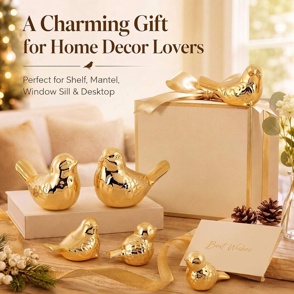 FormaHaven Gold Ceramic Bird Figurines Set of 6 – Elegant Home Decor