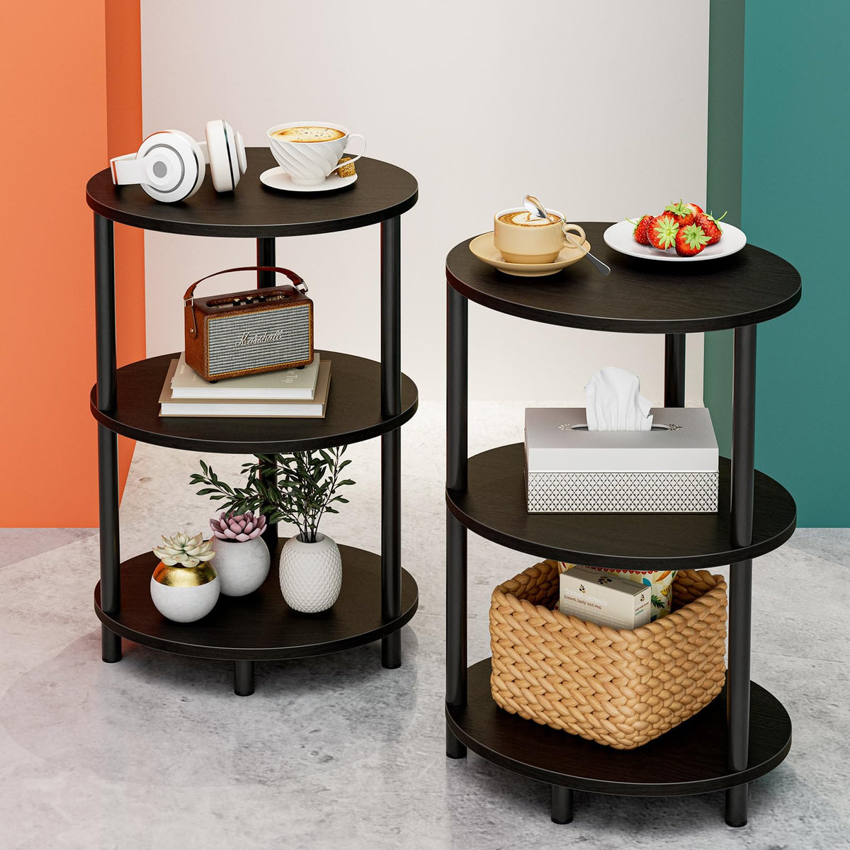 FormaHaven 3-Tier Rustic Wood Side Table with Black Metal Legs
