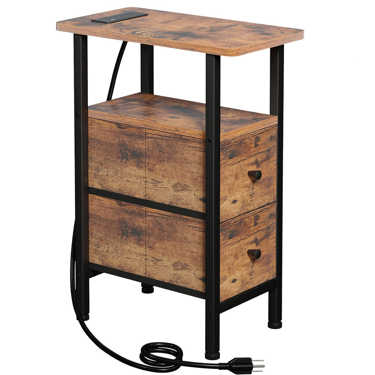 FormaHaven Narrow End Table with Charging Station – 2 Drawers & Open Shelves