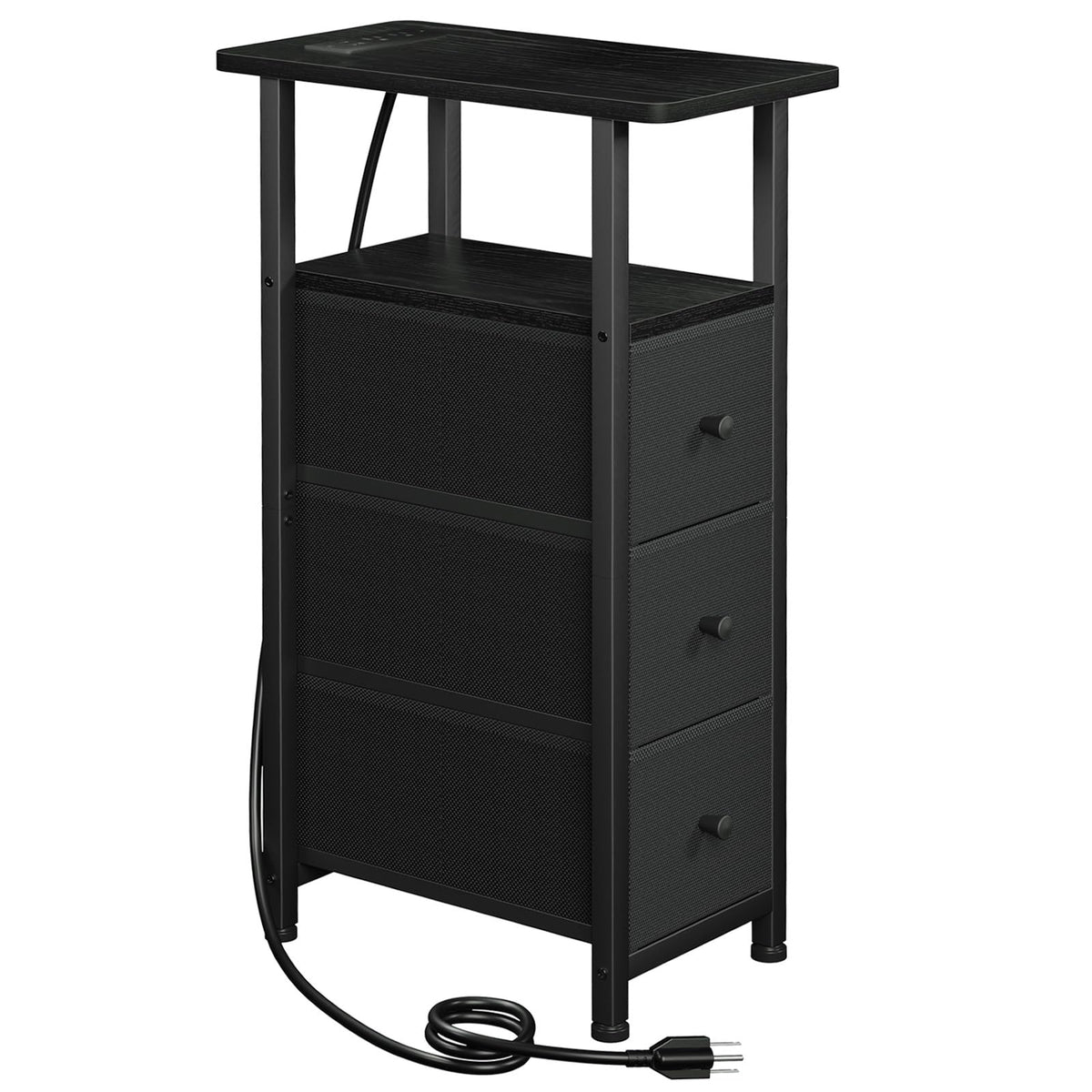FormaHaven Narrow End Table with Charging Station – 2 Drawers & Open Shelves