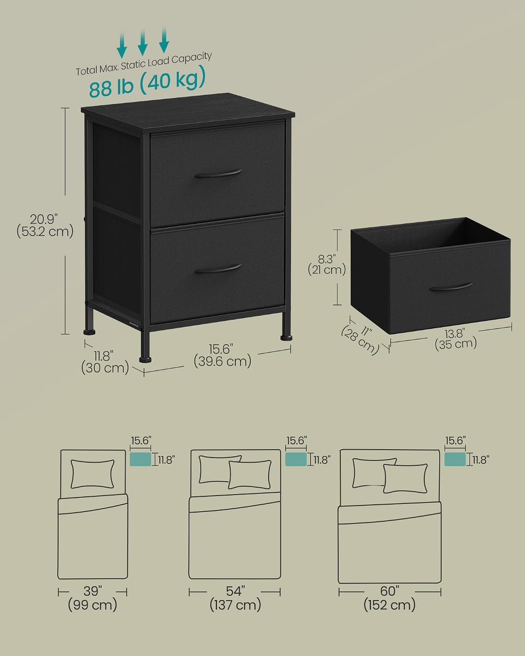 FormaHaven 2-Drawer Nightstand with Fabric Drawers – Steel Frame Bedside Table