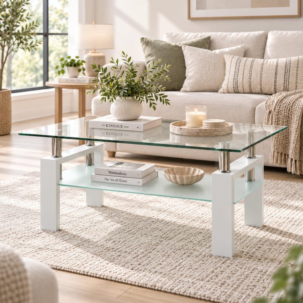 FormaHaven Modern 2-Tier Glass Coffee Table with Black Metal Legs