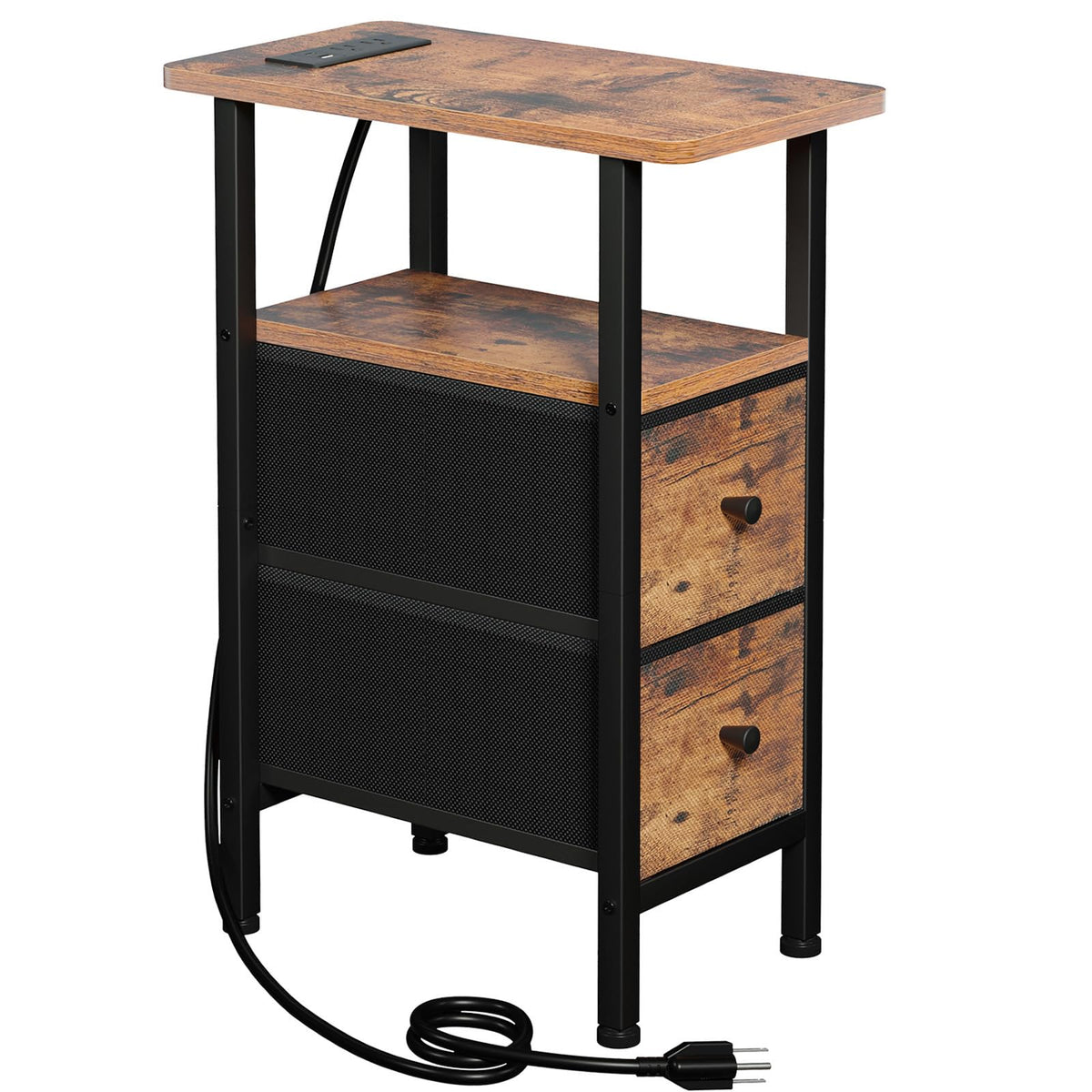 FormaHaven Narrow End Table with Charging Station – 2 Drawers & Open Shelves