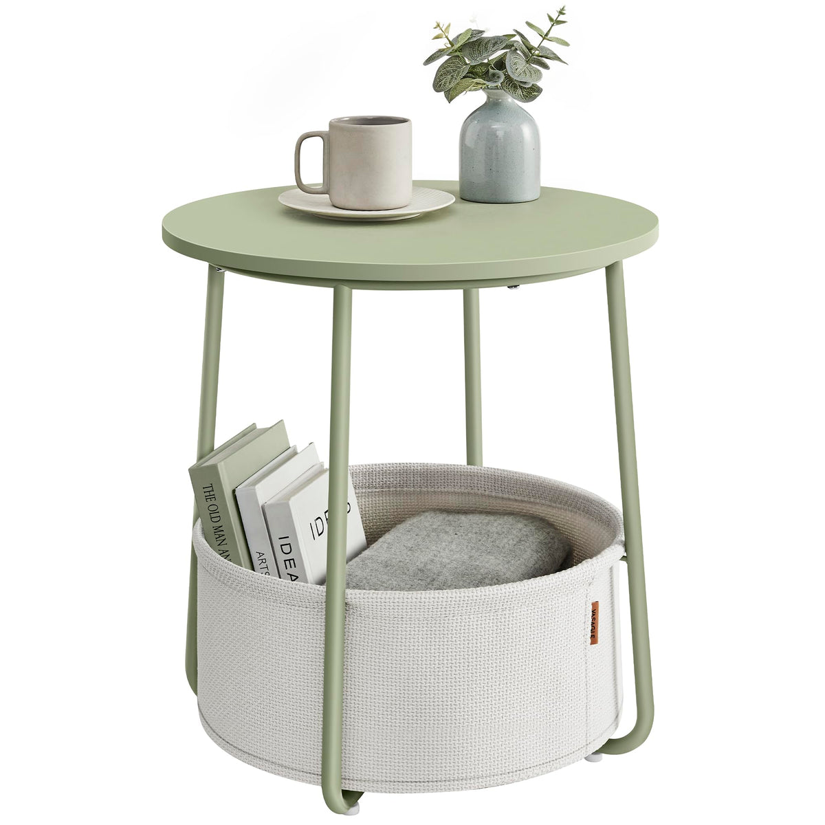 FormaHaven Round Side Table with Fabric Storage Basket – Modern Bedside End Table