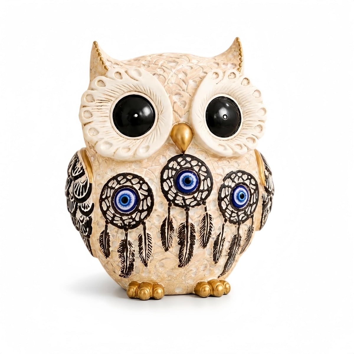 FormaHaven Vintage Gold Owl Figurine – Blue Evil Eye Decorative Statue
