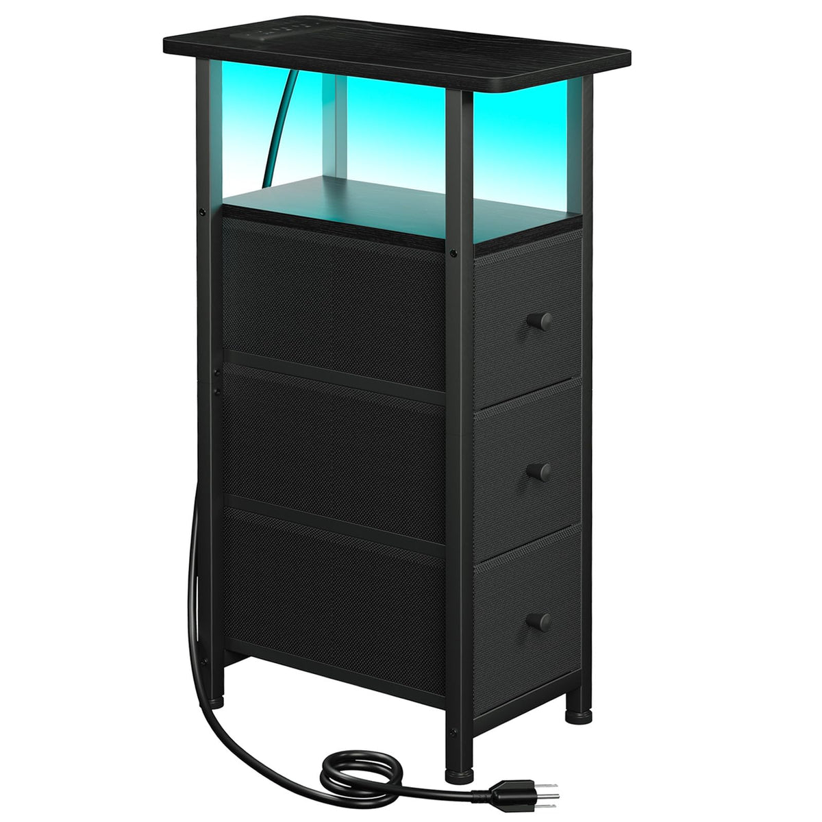 FormaHaven Narrow End Table with Charging Station – 2 Drawers & Open Shelves