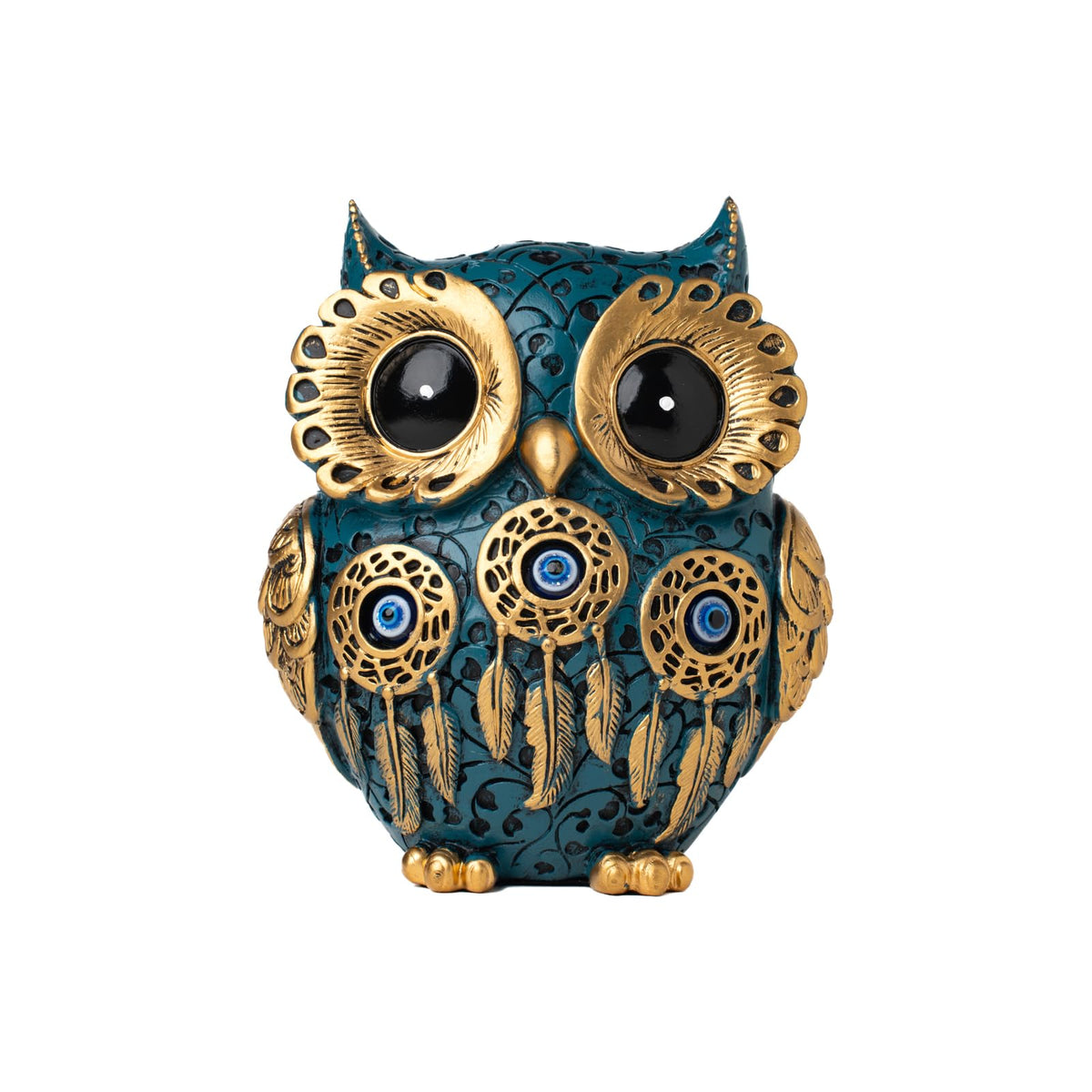 FormaHaven Vintage Gold Owl Figurine – Blue Evil Eye Decorative Statue