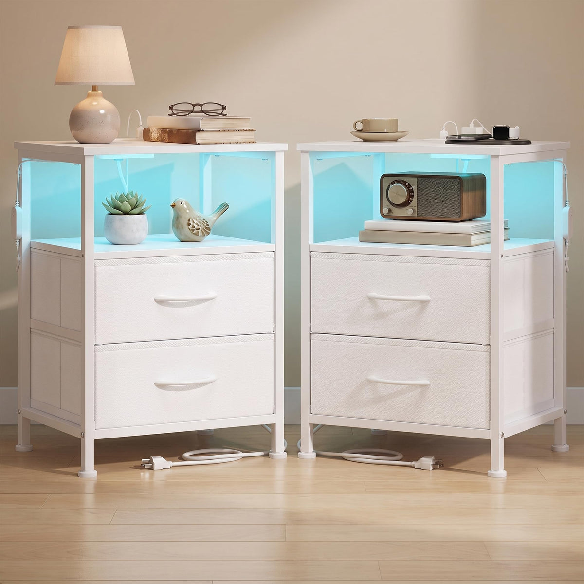FormaHaven Smart LED Nightstand with Charging Station – 2 Drawers & Open Shelves