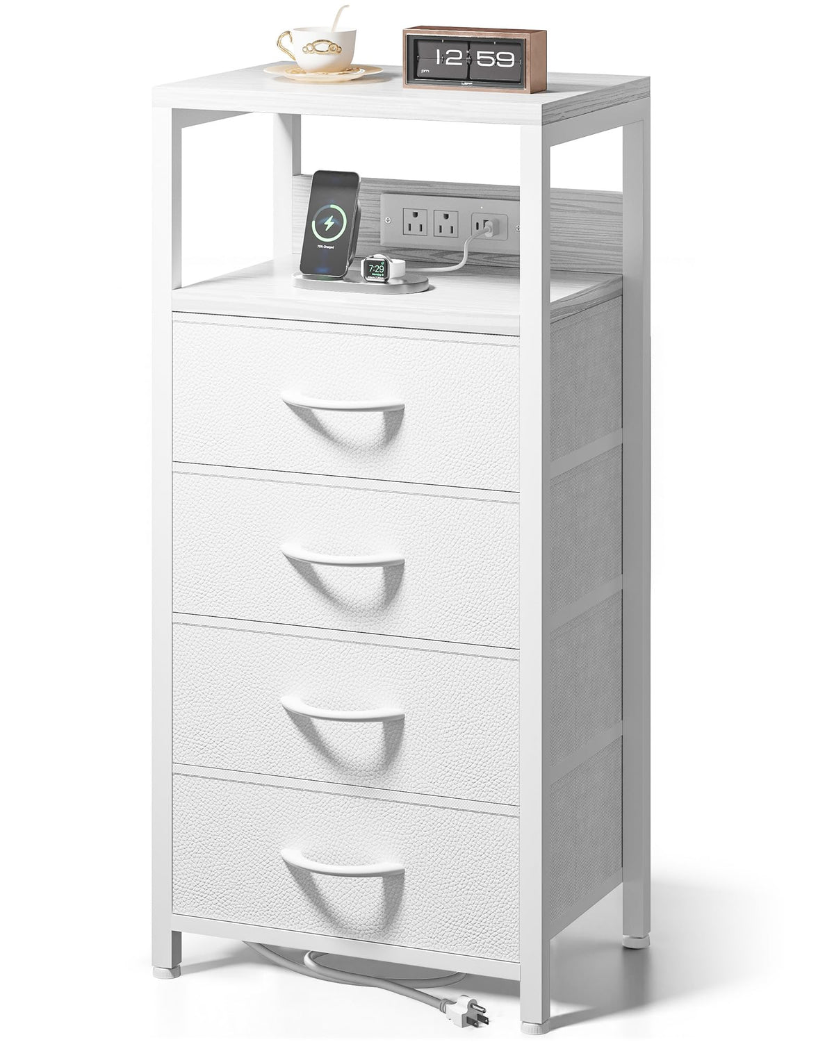 FormaHaven Black Nightstand with Charging Station – 2 Fabric Drawers & Open Shelf