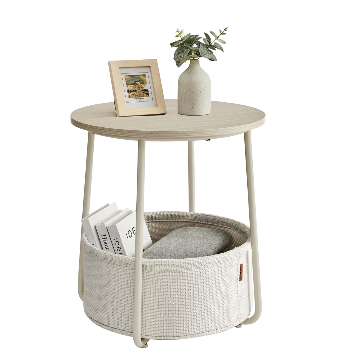 FormaHaven Round Side Table with Fabric Storage Basket – Modern Bedside End Table
